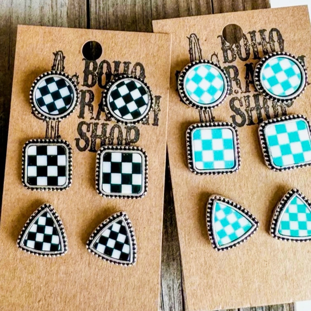 Western Checker Shape Post Earring Set Bundle- Black & White, Turquoise & White